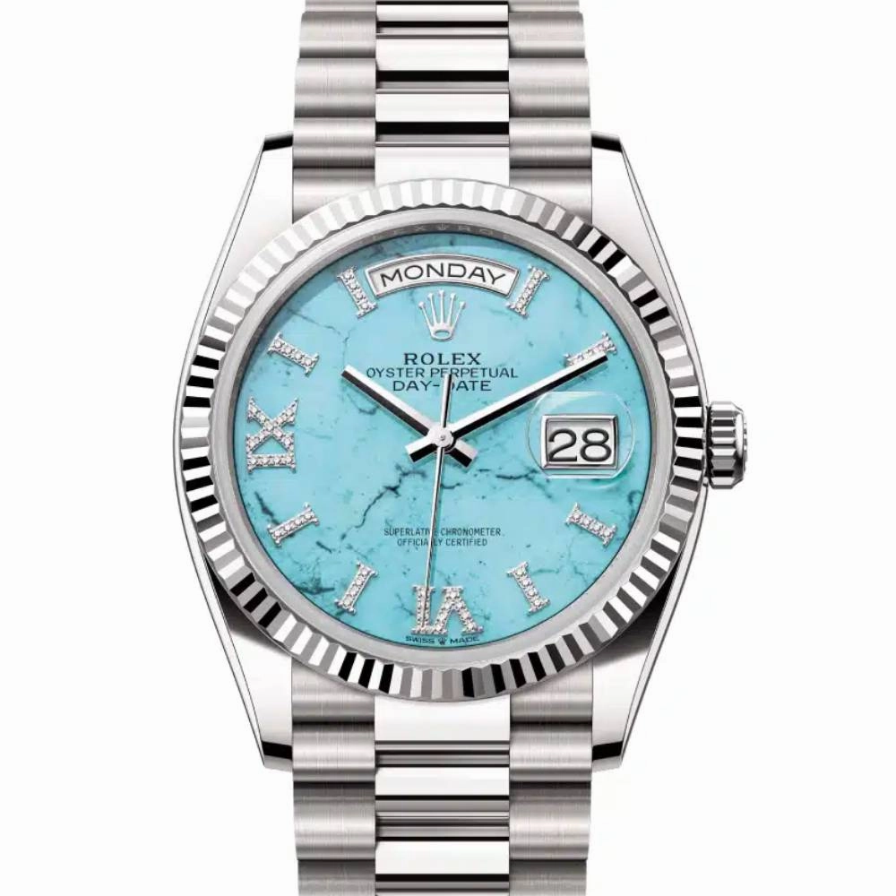 Rolex Day Date 36mm - Ref: 128239-0044 - Tiffany Blue Turqouise Roman Dial & Fluted Bezel, 18K White Gold President Bracelet Watch