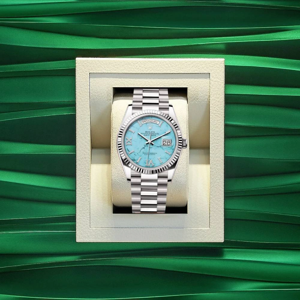 Rolex Day Date 36mm - Ref: 128239-0044 - Tiffany Blue Turqouise Roman Dial & Fluted Bezel, 18K White Gold President Bracelet Watch
