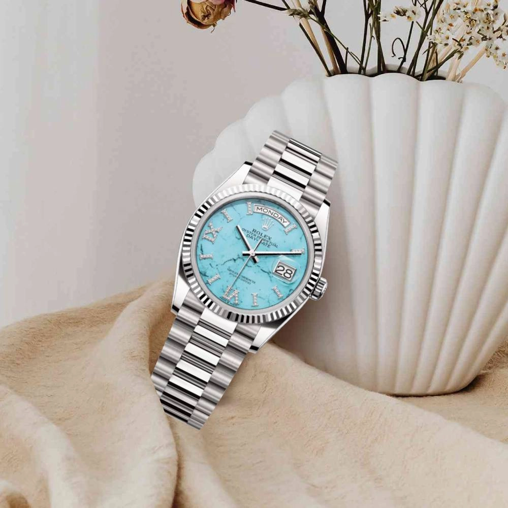Rolex Day Date 36mm - Ref: 128239-0044 - Tiffany Blue Turqouise Roman Dial & Fluted Bezel, 18K White Gold President Bracelet Watch