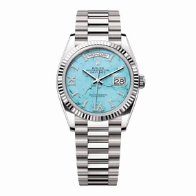 Rolex Day Date 36mm - Ref: 128239-0044 - Tiffany Blue Turqouise Roman Dial & Fluted Bezel, 18K White Gold President Bracelet Watch