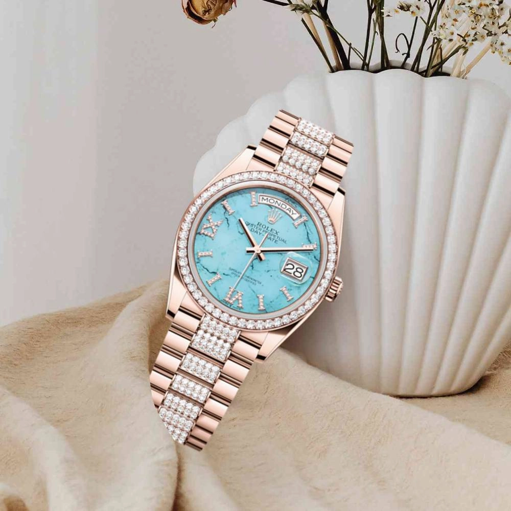 Rolex Day Date 36mm - Ref: 128345RBR - Tiffany Blue Turquoise Diamond Dial & Diamond Bezel, 18K Rose Gold & Diamonds President Bracelet Watch