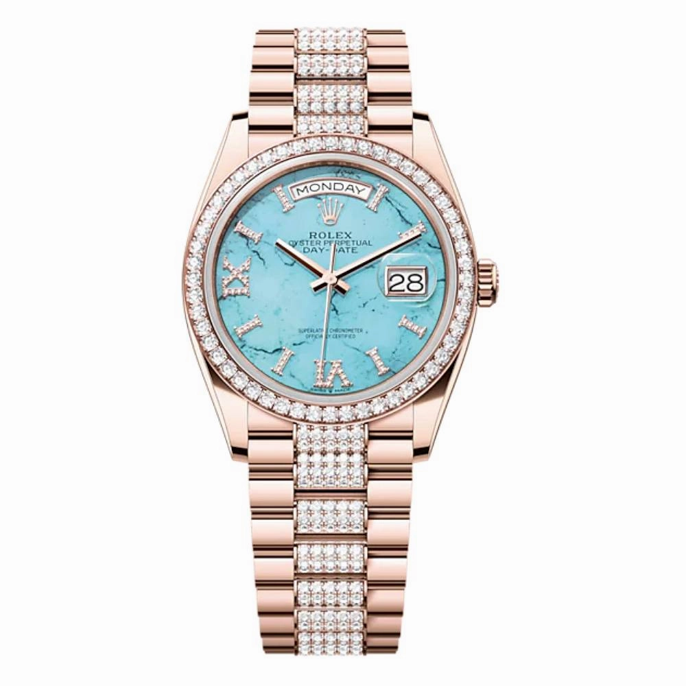 Rolex Day Date 36mm - Ref: 128345RBR - Tiffany Blue Turquoise Diamond Dial & Diamond Bezel, 18K Rose Gold & Diamonds President Bracelet Watch
