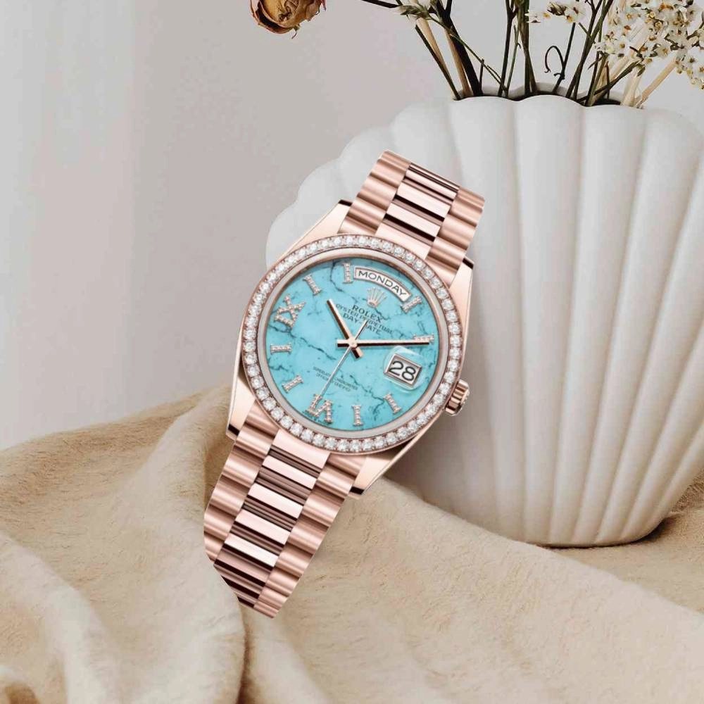 Rolex Day Date 36mm - Ref: 128345RBR - Tiffany Blue Turquoise Diamond Dial & Diamond Bezel, 18K Rose Gold & Diamonds President Bracelet Watch