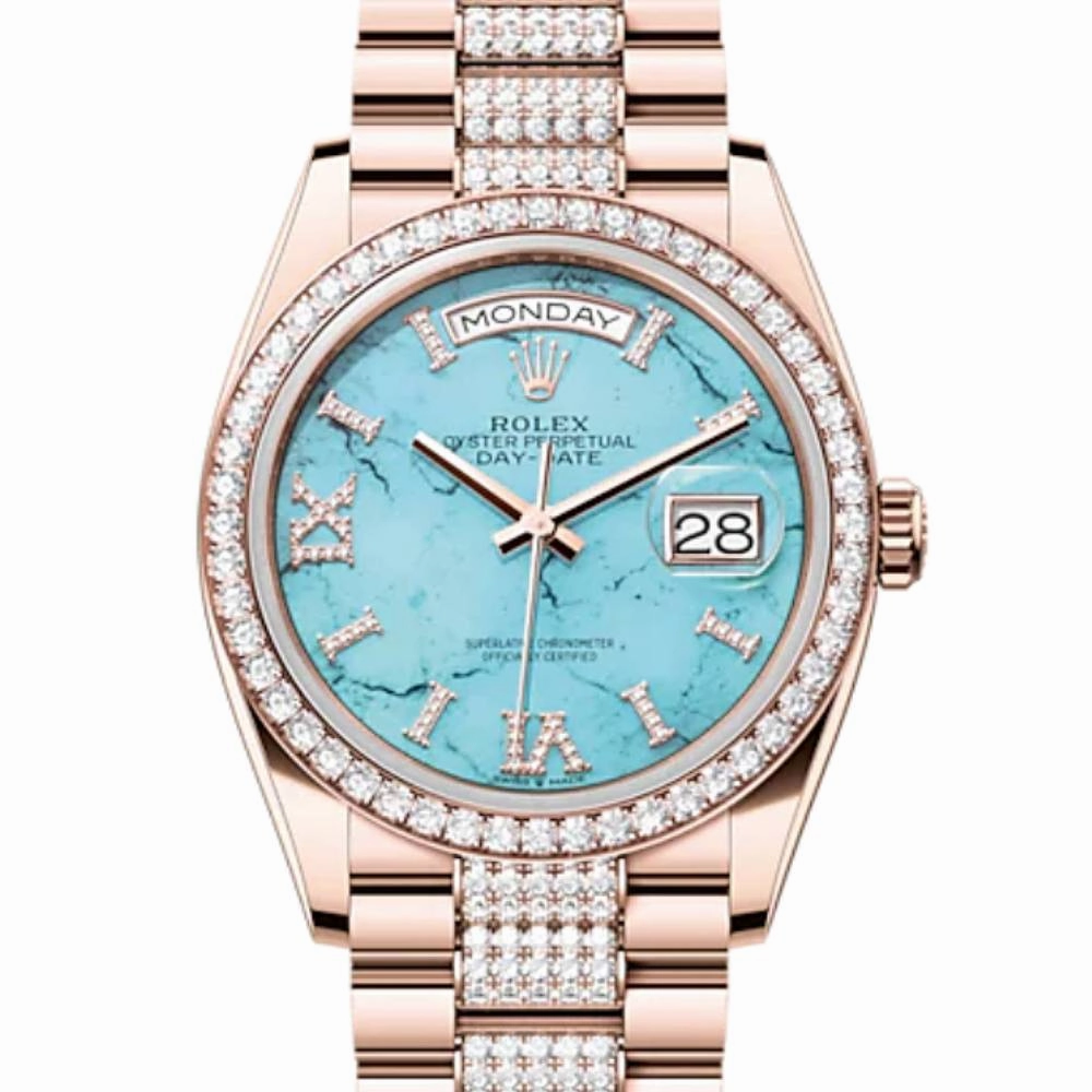 Rolex Day Date 36mm - Ref: 128345RBR - Tiffany Blue Turquoise Diamond Dial & Diamond Bezel, 18K Rose Gold & Diamonds President Bracelet Watch