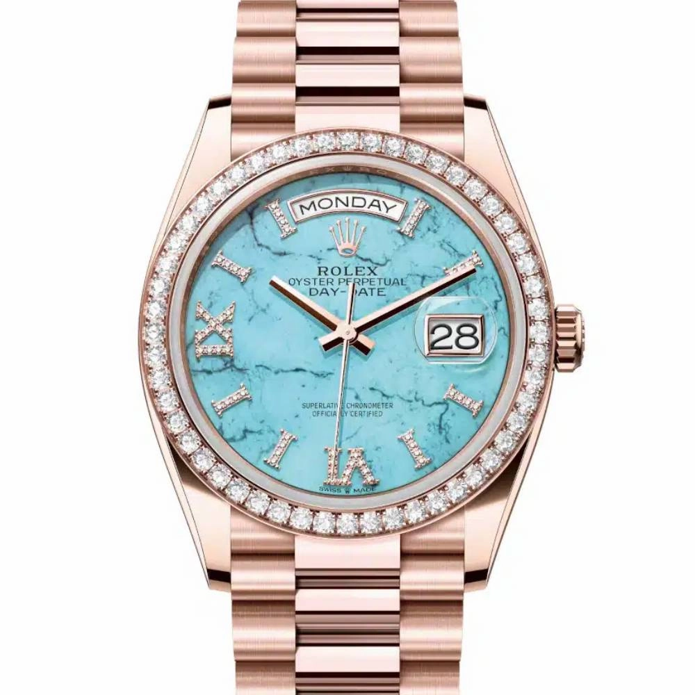Rolex Day Date 36mm - Ref: 128345RBR - Tiffany Blue Turquoise Diamond Dial & Diamond Bezel, 18K Rose Gold & Diamonds President Bracelet Watch