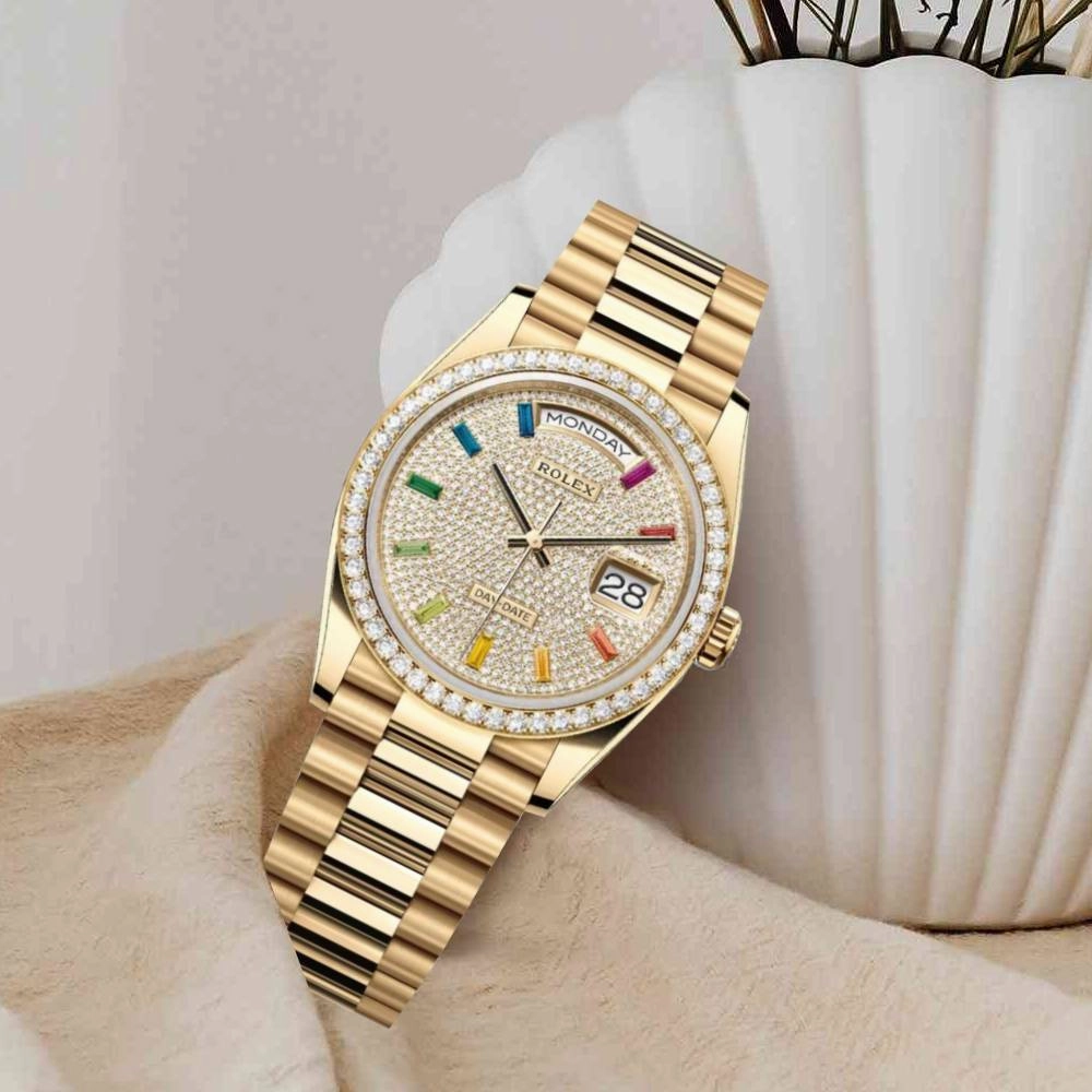 Rolex Day Date 36mm - Ref: 128348rbr-0030 - Pave Rainbow Diamond Dial & Diamond Bezel, 18K Yellow Gold President Bracelet Watch