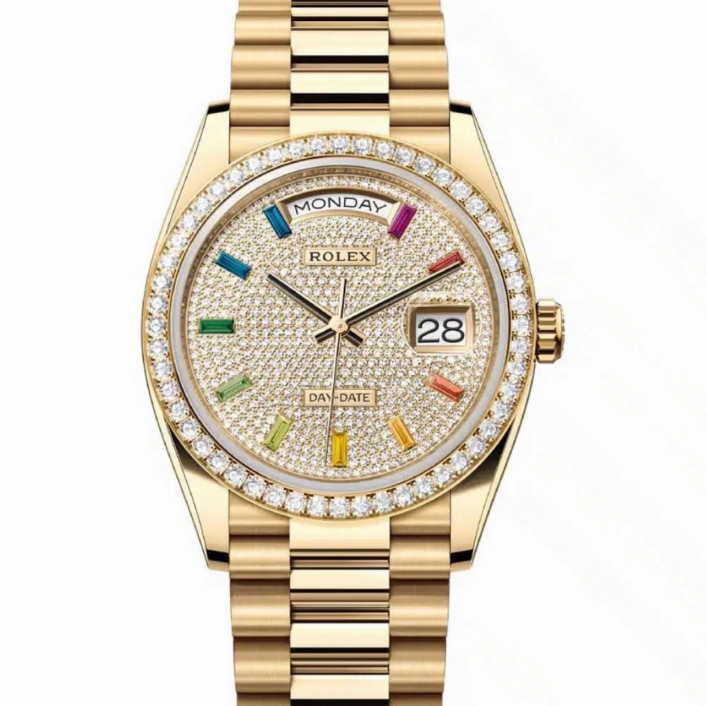 Rolex Day Date 36mm - Ref: 128348rbr-0030 - Pave Rainbow Diamond Dial & Diamond Bezel, 18K Yellow Gold President Bracelet Watch