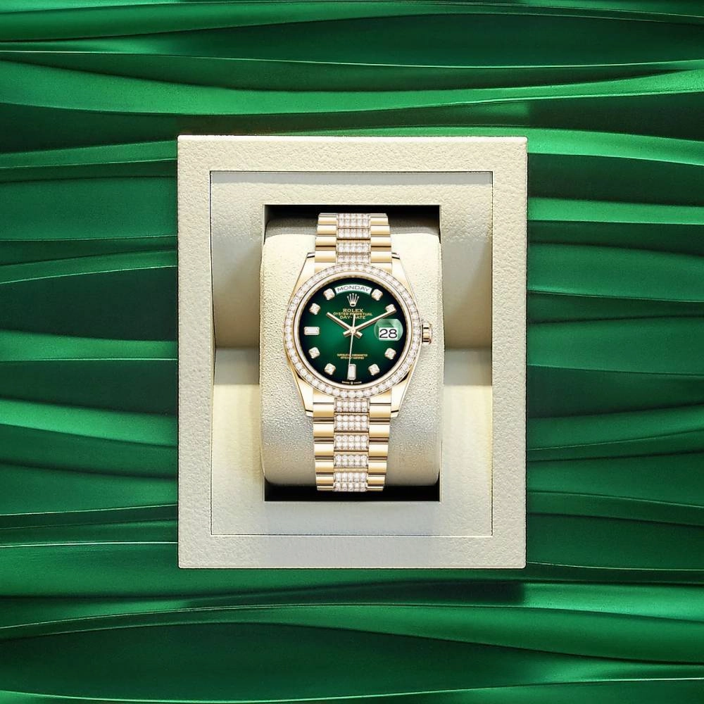 Rolex Day Date 36mm - Ref: 128348rbr-0036 - Green Ombre Diamond Dial & Diamond Bezel, 18K Yellow Gold & Diamonds President Bracelet Watch