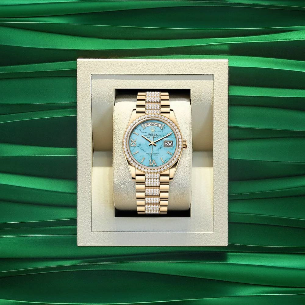 Rolex Day Date 36mm - Ref: 128348rbr-0038 - Tiffany Blue Turquoise Diamond Dial & Diamond Bezel, 18K Yellow Gold & Diamonds President Bracelet Watch