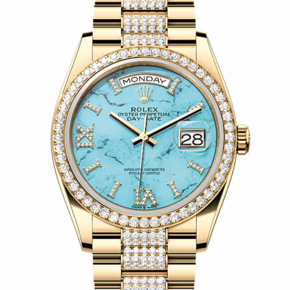 Rolex Day Date 36mm - Ref: 128348rbr-0038 - Tiffany Blue Turquoise Diamond Dial & Diamond Bezel, 18K Yellow Gold & Diamonds President Bracelet Watch
