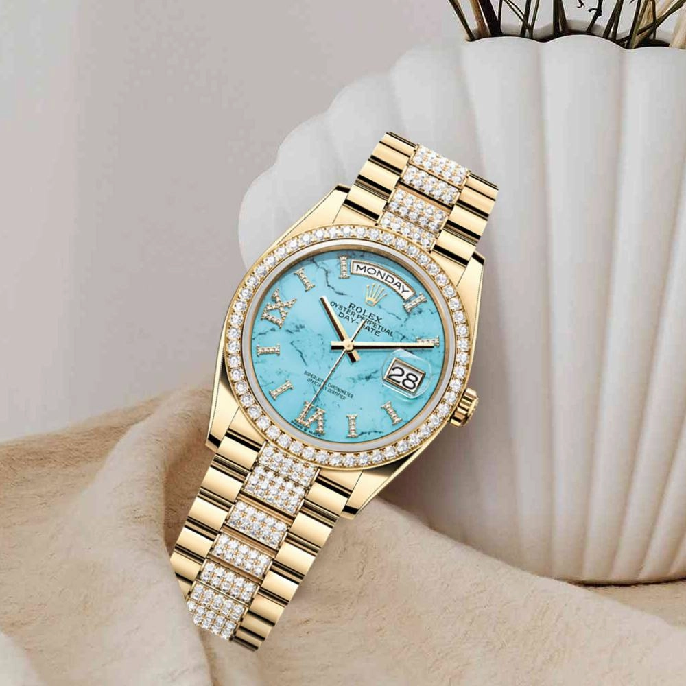 Rolex Day Date 36mm - Ref: 128348rbr-0038 - Tiffany Blue Turquoise Diamond Dial & Diamond Bezel, 18K Yellow Gold & Diamonds President Bracelet Watch
