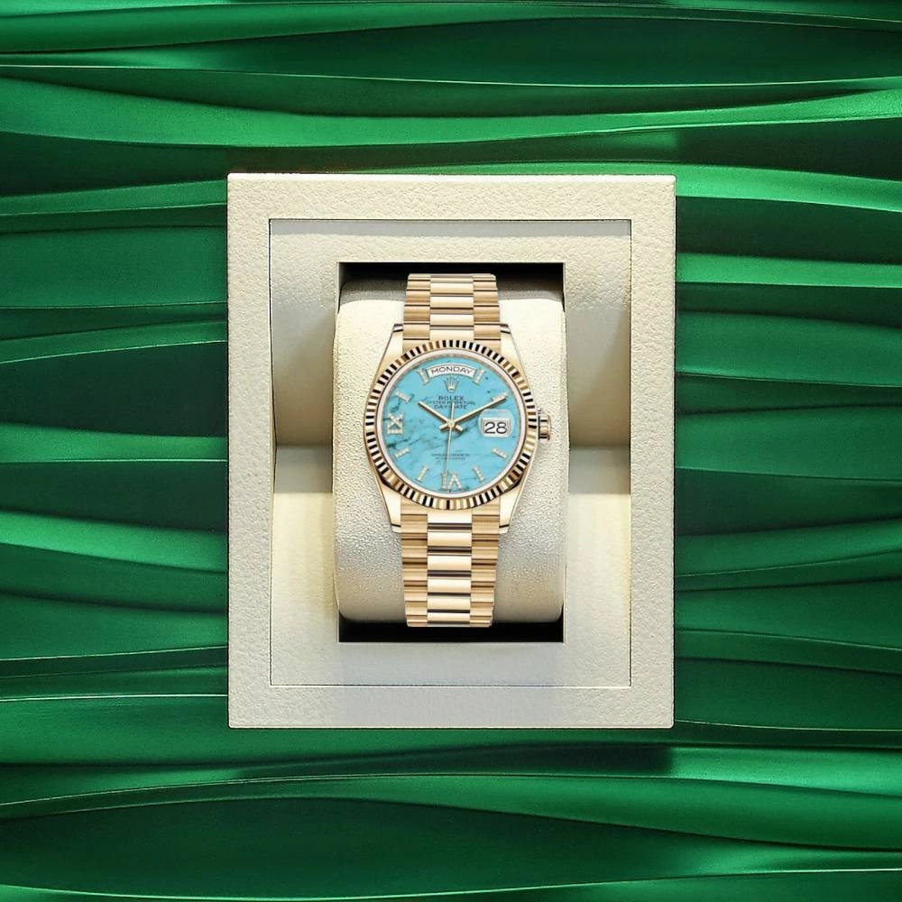 Rolex Day Date 36mm - Ref: ROL-270001 - Tiffany Blue Turqouise Roman Dial & Fluted Bezel, 18K Yellow Gold President Bracelet Watch