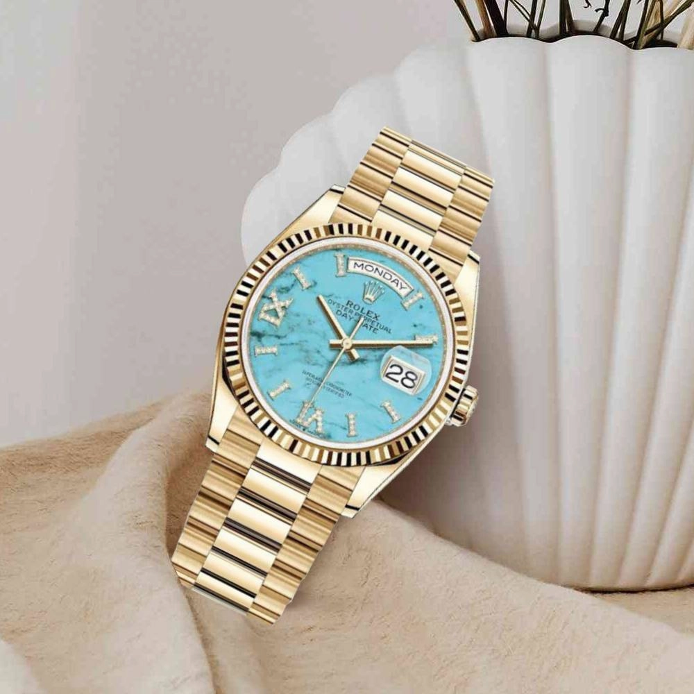Rolex Day Date 36mm - Ref: ROL-270001 - Tiffany Blue Turqouise Roman Dial & Fluted Bezel, 18K Yellow Gold President Bracelet Watch