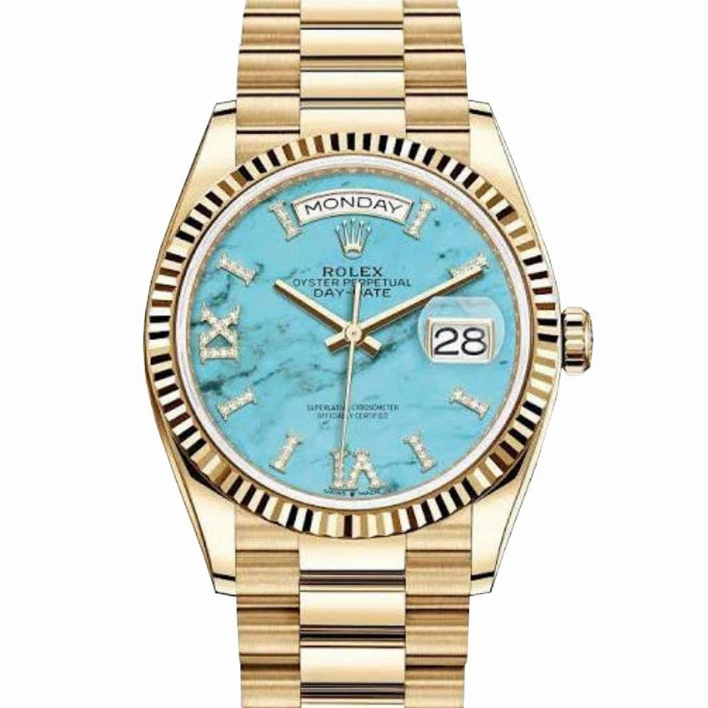 Rolex Day Date 36mm - Ref: ROL-270001 - Tiffany Blue Turqouise Roman Dial & Fluted Bezel, 18K Yellow Gold President Bracelet Watch