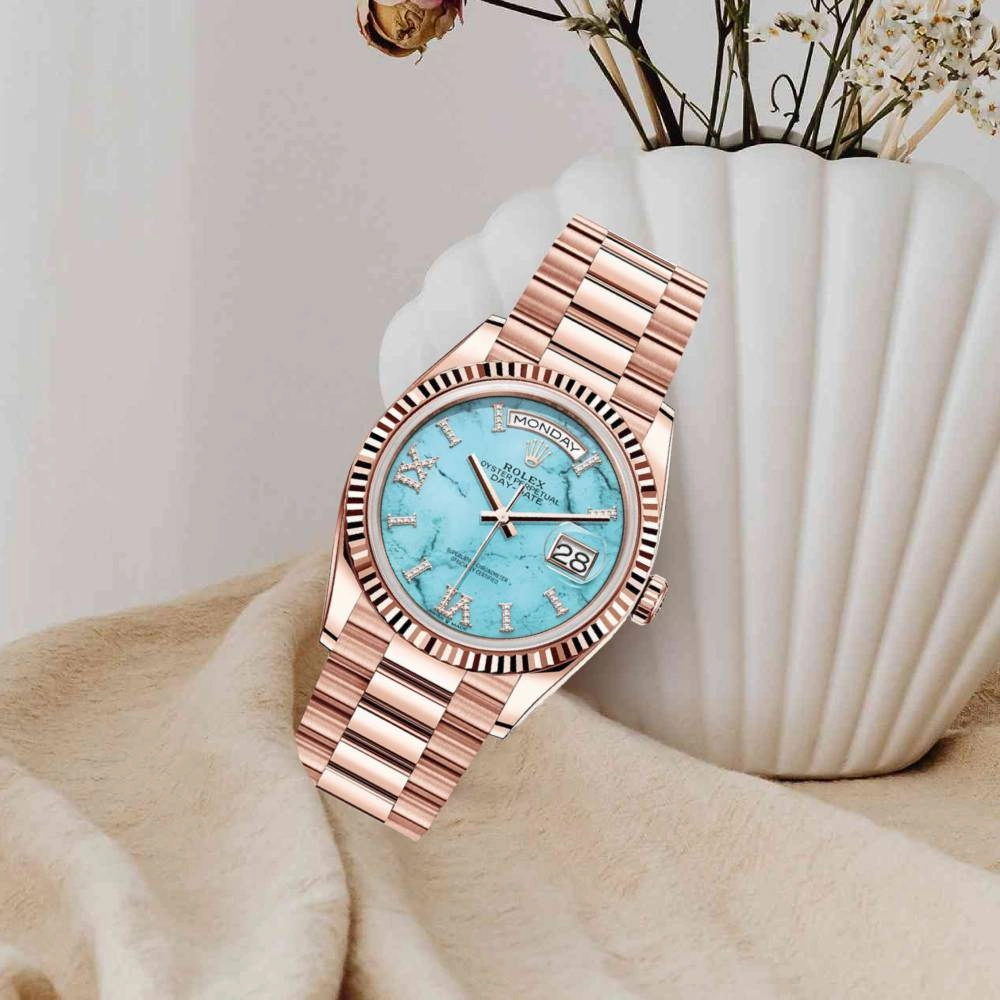 Rolex Day Date 40mm - Ref: 128235 - Tiffany Blue Turqouise Roman Dial & Fluted Bezel, 18K Rose Gold President Bracelet Men's Watch
