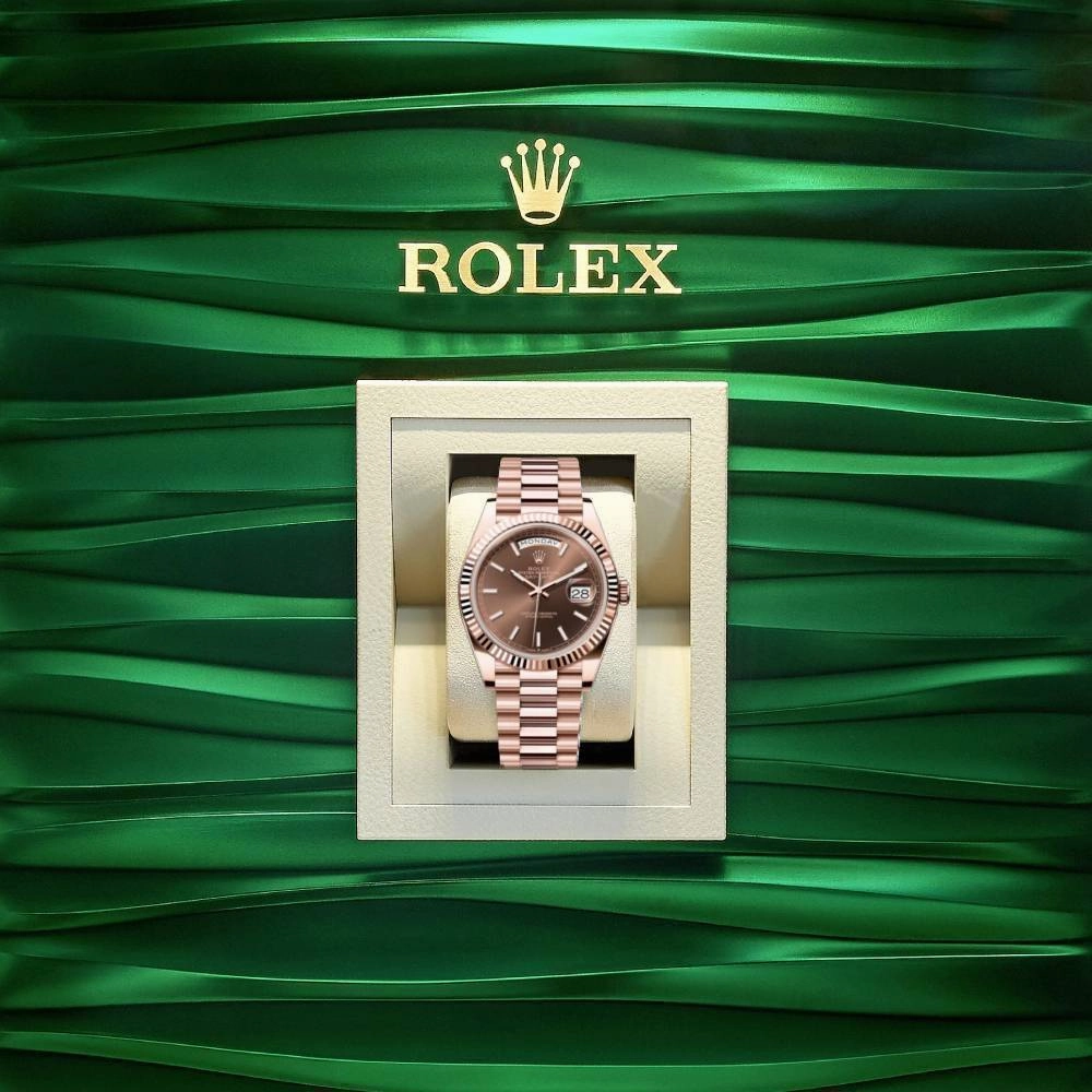 Rolex Day Date 40mm - Ref: 228235 - Chocolate Stick Dial & Fluted Bezel, 18K Rose Gold President Bracelet Men's Watch