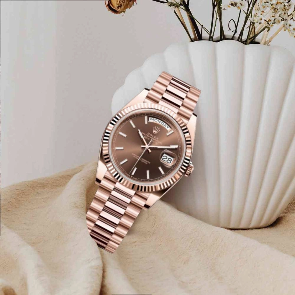 Rolex Day Date 40mm - Ref: 228235 - Chocolate Stick Dial & Fluted Bezel, 18K Rose Gold President Bracelet Men's Watch