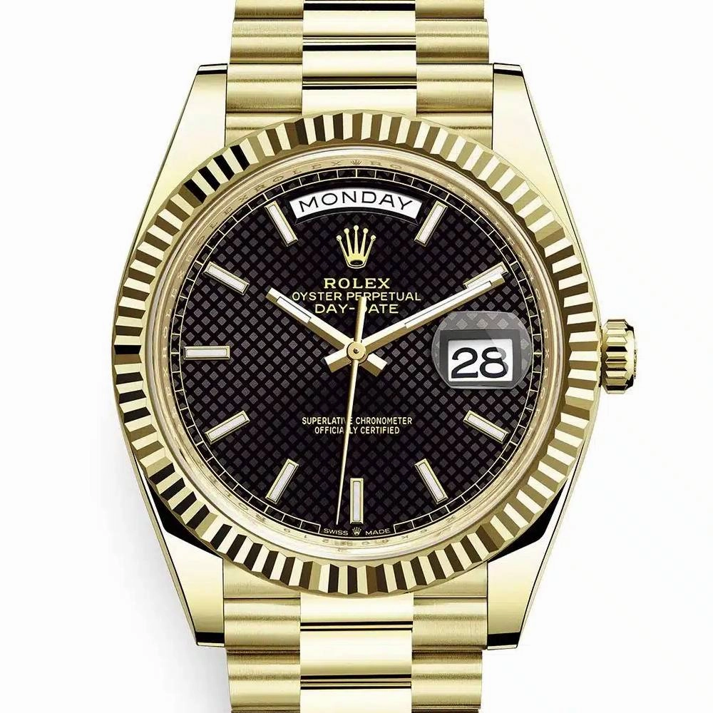 Rolex Day Date 40mm - Ref: 228238-0007 - Black Diagonal Motif Dial & Fluted Bezel, 18K Yellow Gold President Bracelet Men's Watch