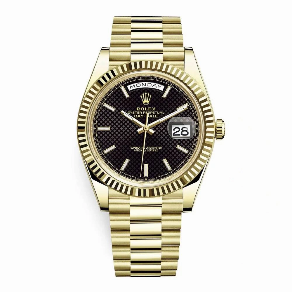 Rolex Day Date 40mm - Ref: 228238-0007 - Black Diagonal Motif Dial & Fluted Bezel, 18K Yellow Gold President Bracelet Men's Watch