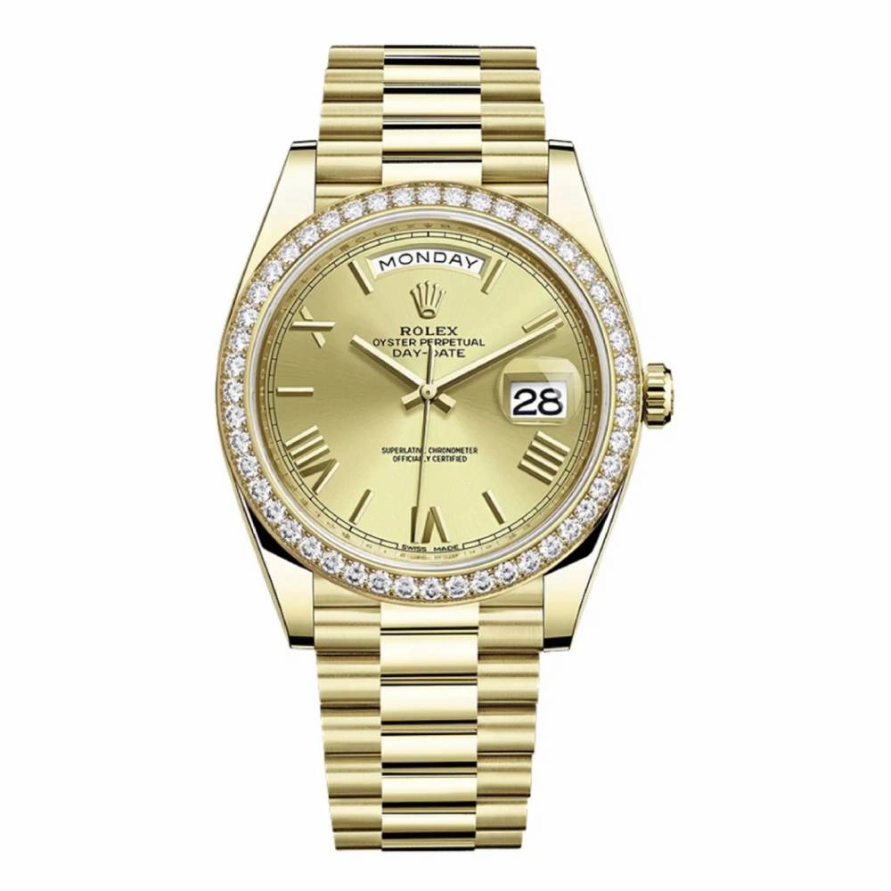 Rolex Day Date 40mm - Ref: 228348rbr-0003 - Champagne Roman Dial & Diamond Bezel, 18K Yellow Gold President Bracelet Men's Watch