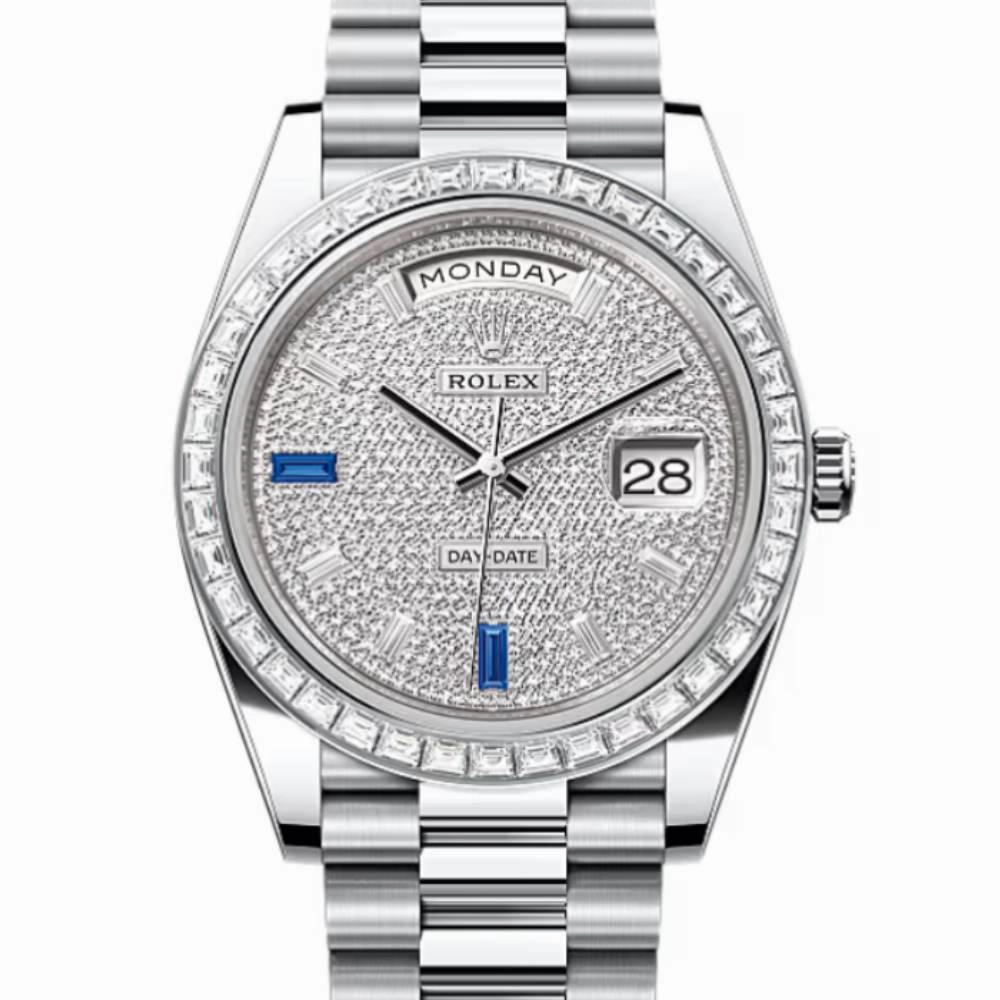 Rolex Day Date 40mm - Ref: 228396tbr-0021 - Pave Diamond / Sapphire Dial & Diamond Bezel, Platinum President Bracelet Men's Watch
