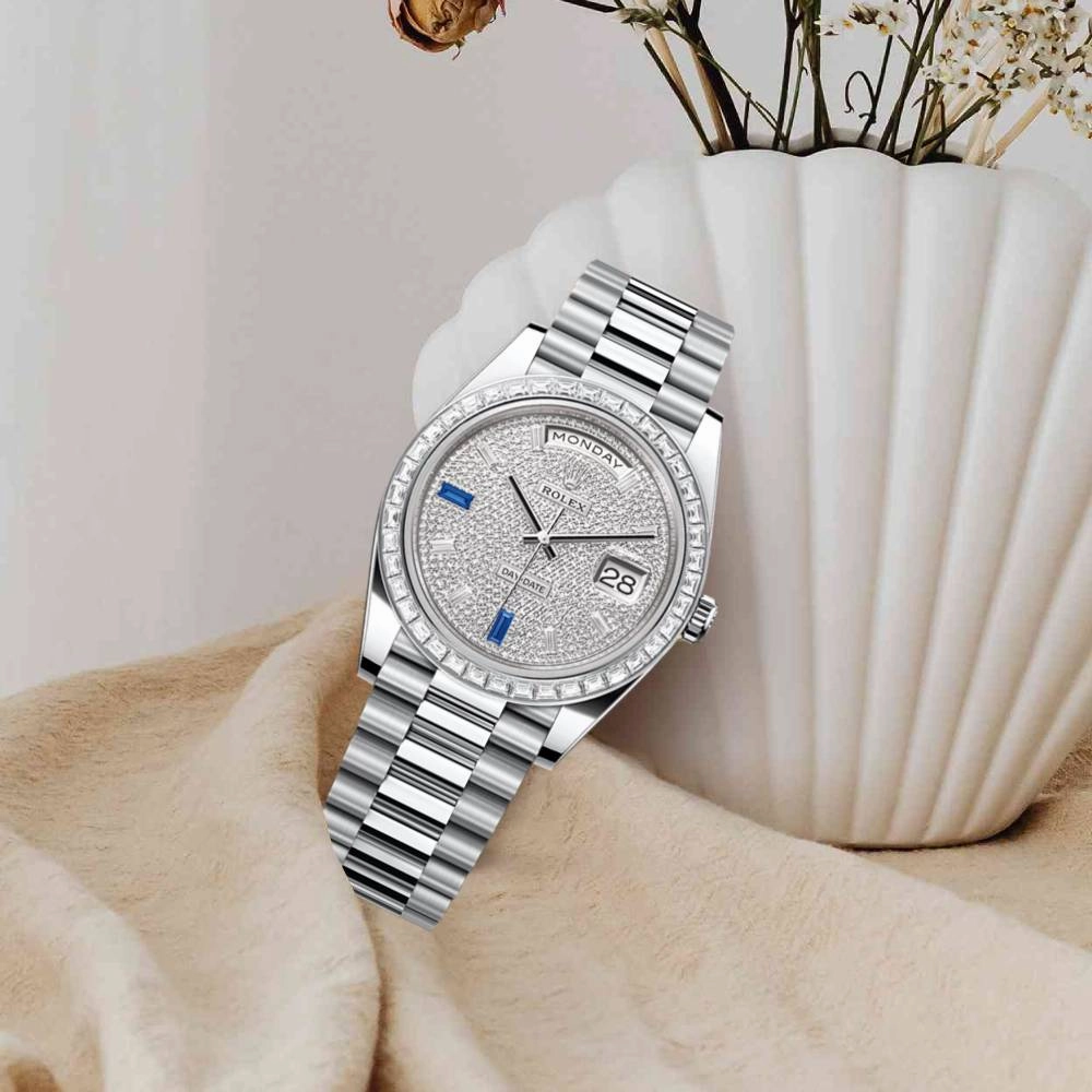 Rolex Day Date 40mm - Ref: 228396tbr-0021 - Pave Diamond / Sapphire Dial & Diamond Bezel, Platinum President Bracelet Men's Watch