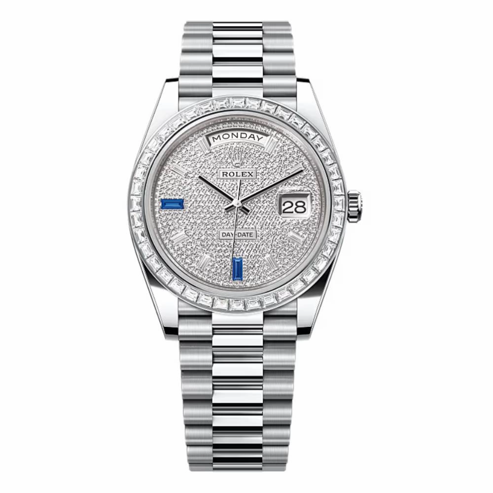 Rolex Day Date 40mm - Ref: 228396tbr-0021 - Pave Diamond / Sapphire Dial & Diamond Bezel, Platinum President Bracelet Men's Watch