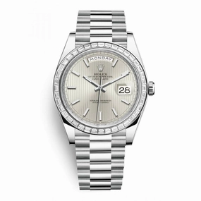 Rolex Day Date 40mm - Ref: 228396tbr-0022 - Silver Stripe Motif Stick Dial & Diamond Bezel, Platinum President Bracelet Men's Watch