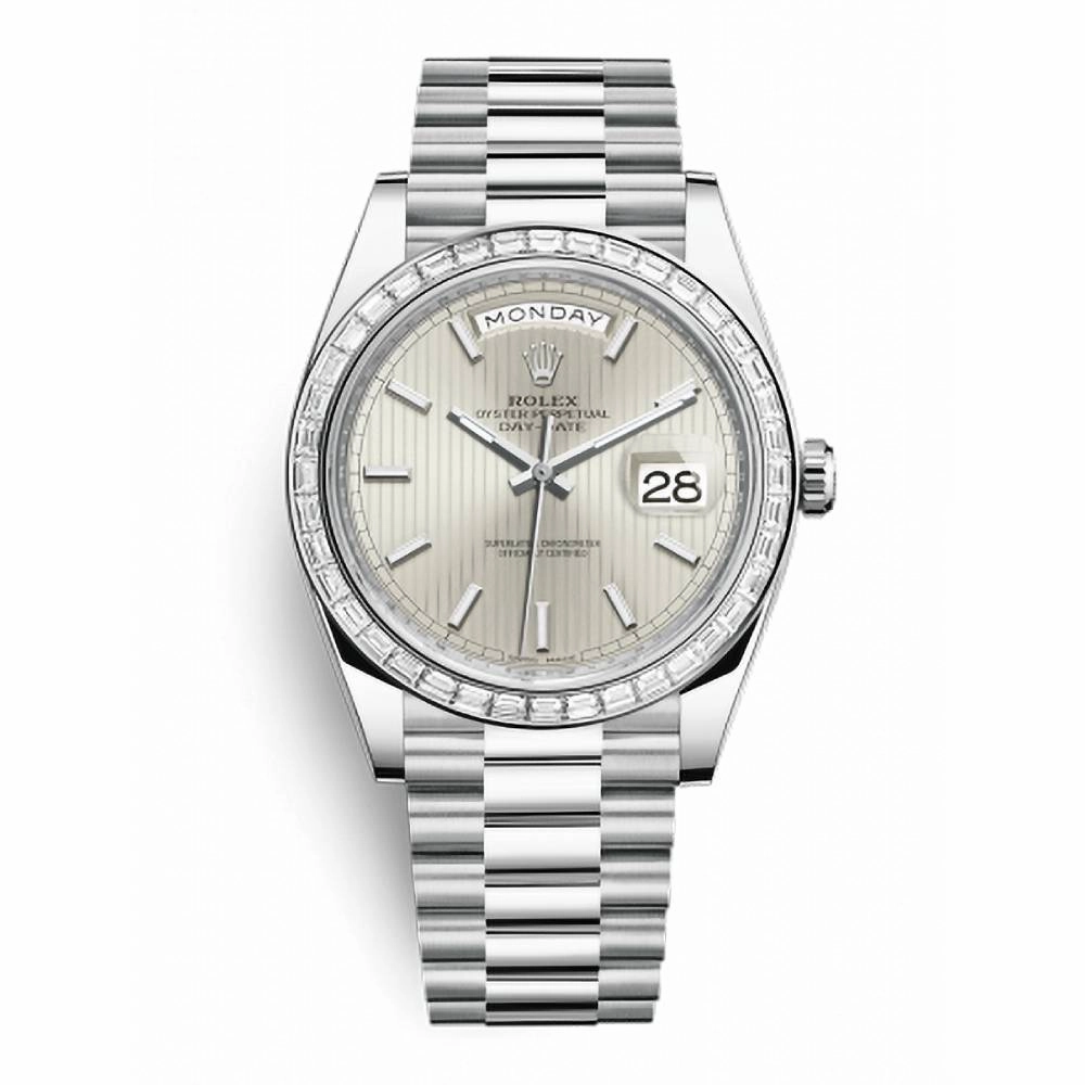 Rolex Day Date 40mm - Ref: 228396tbr-0022 - Silver Stripe Motif Stick Dial & Diamond Bezel, Platinum President Bracelet Men's Watch
