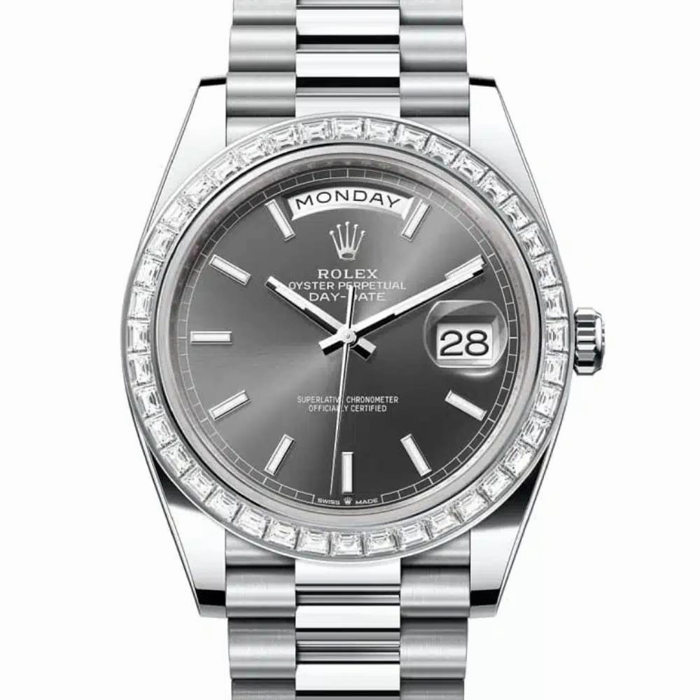 Rolex Day Date 40mm - Ref: 228396tbr-0031 - Slate Grey Stick Dial & Diamond Bezel, Platinum President Bracelet Men's Watch