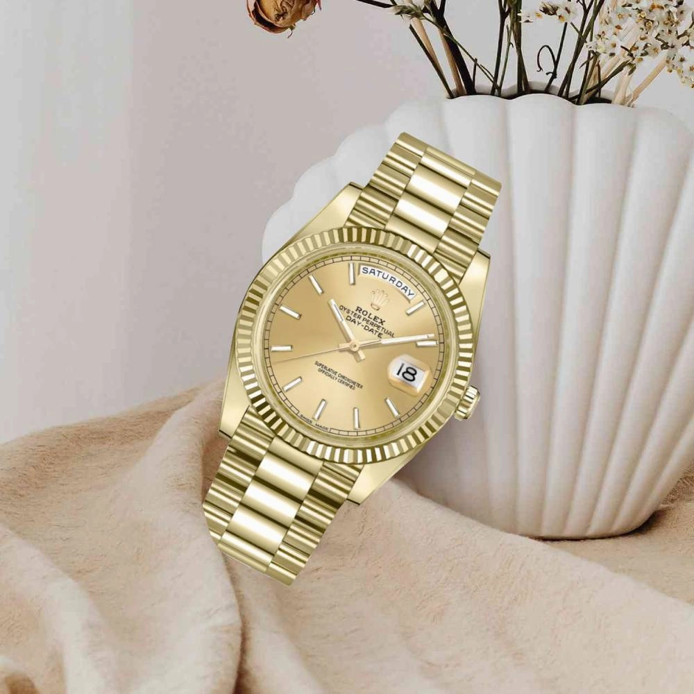 Rolex Day Date 41mm - Ref: 218238 - Champagne Stick Dial & Fluted Bezel, 18K Yellow Gold President Bracelet Men's Watch