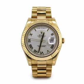 Rolex Day Date II 41mm - Ref: WAT-165011 - White Roman Dial & Fluted Bezel, 18K Yellow Gold President Bracelet Men's Watch
