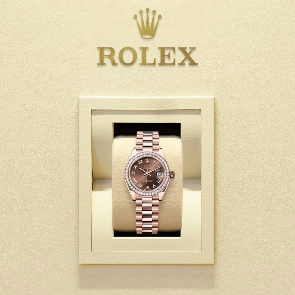 Rolex Lady-Datejust 28mm - Ref: 279135rbr-0016 - Chocolate Roman Diamond Dial & Diamond Bezel, 18K Rose Gold Presidential Bracelet Women's Watch