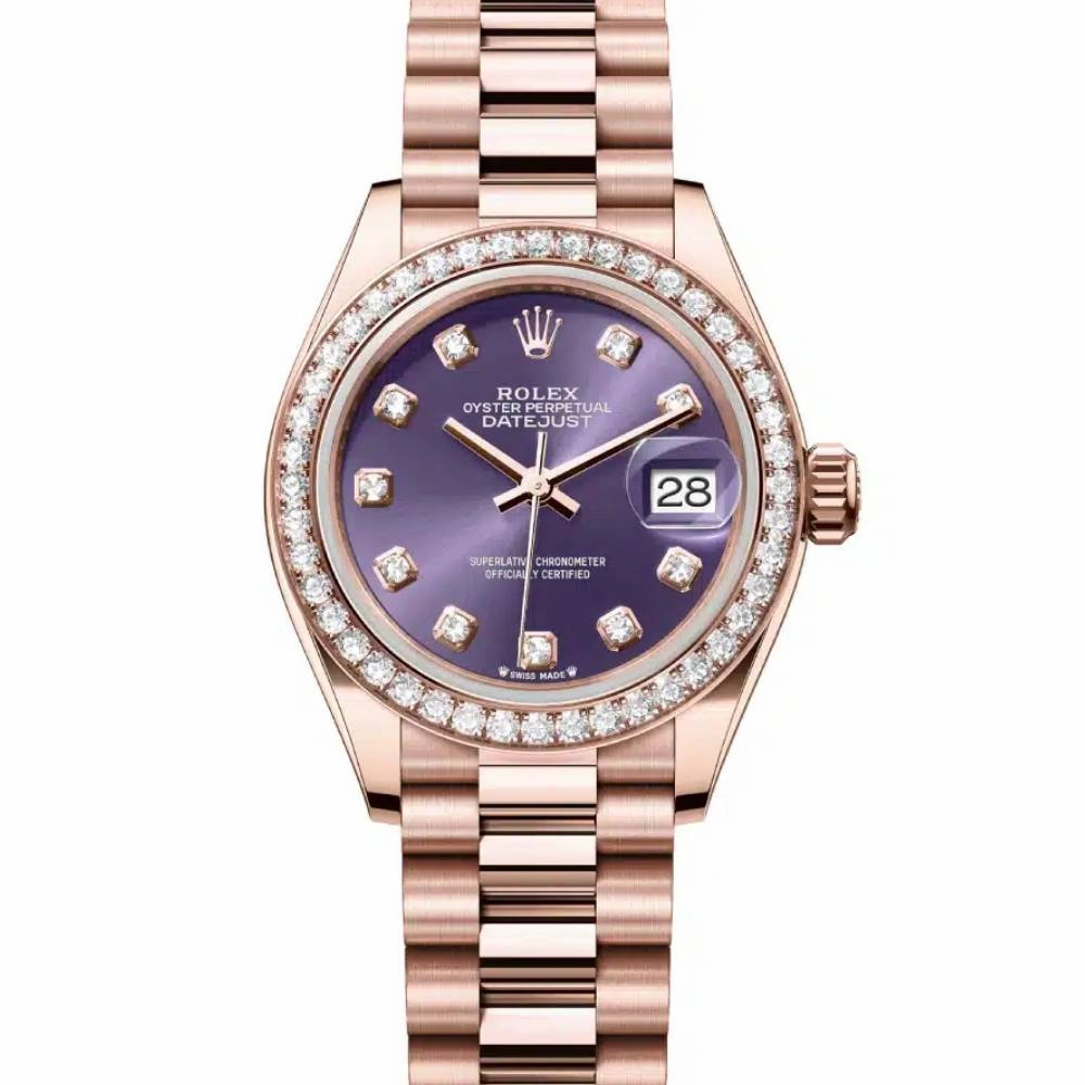 Rolex Lady Datejust 28mm - Ref: 279135rbr-0020 - Aubergine Purple Diamond Dial & Diamond Bezel, 18K Rose Gold President Bracelet Women's Watch