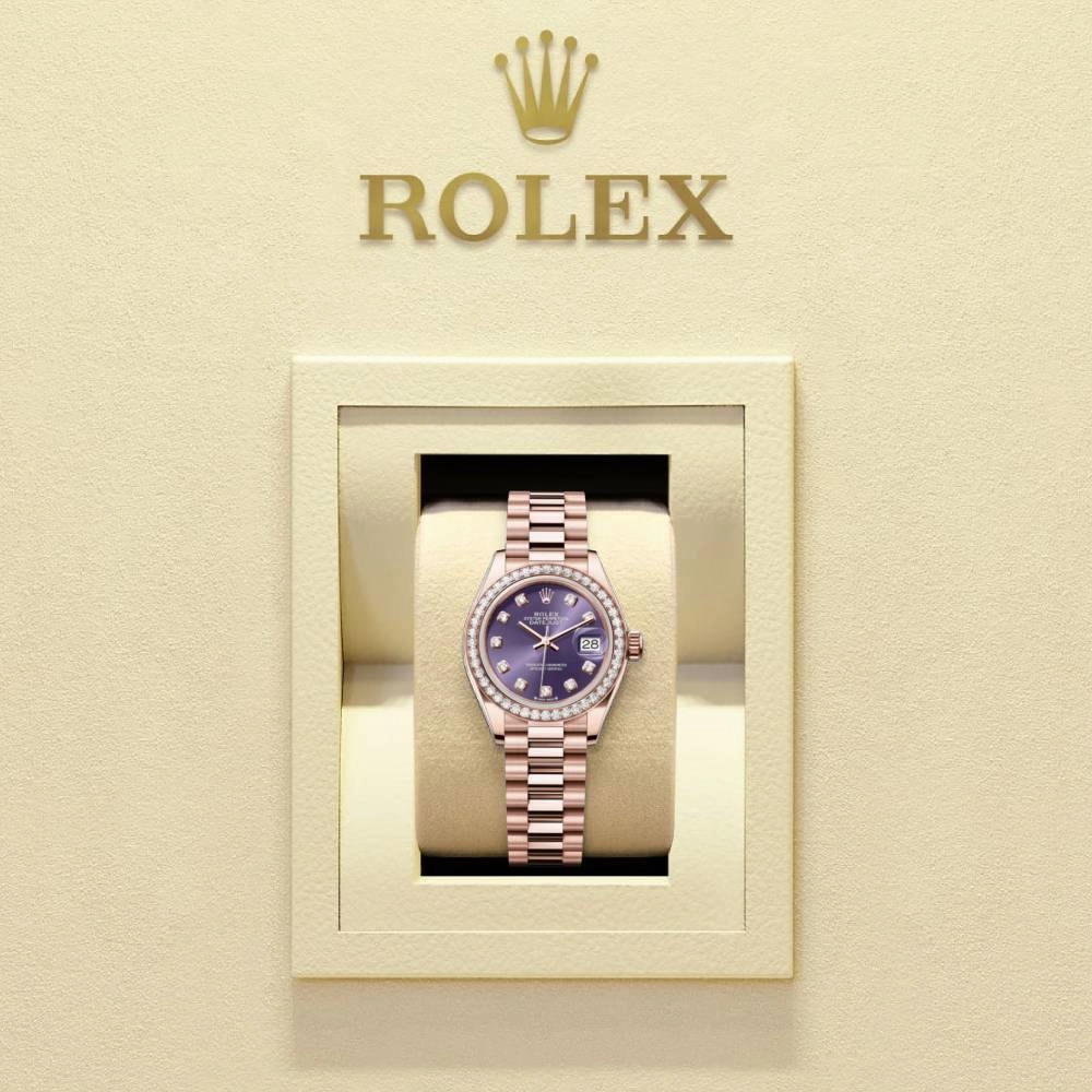 Rolex Lady Datejust 28mm - Ref: 279135rbr-0020 - Aubergine Purple Diamond Dial & Diamond Bezel, 18K Rose Gold President Bracelet Women's Watch