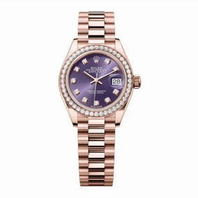 Rolex Lady Datejust 28mm - Ref: 279135rbr-0020 - Aubergine Purple Diamond Dial & Diamond Bezel, 18K Rose Gold President Bracelet Women's Watch