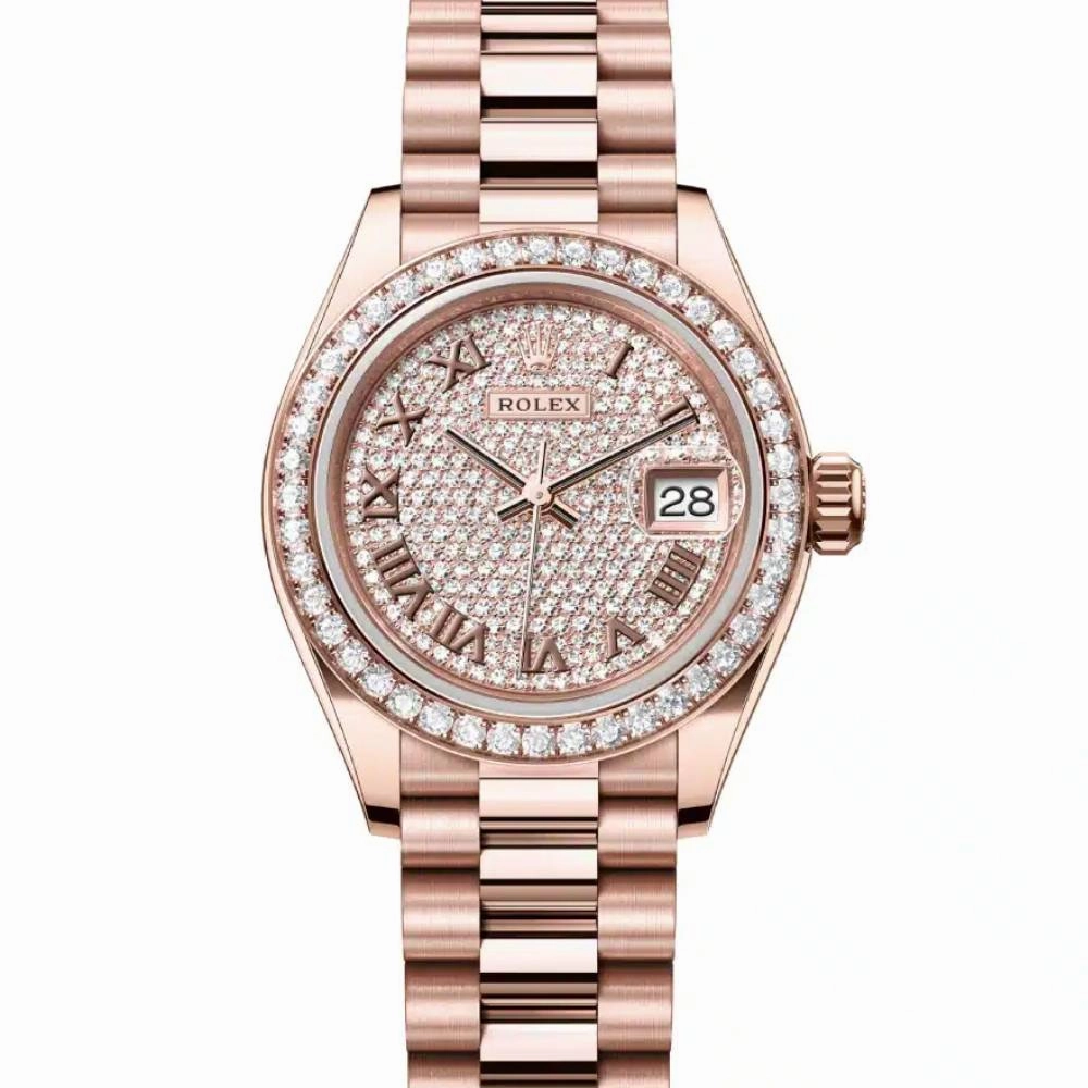 Rolex Lady-Datejust 28mm - Ref: 279135rbr-0021 - Roman Diamond Pave Dial & Diamond Bezel, 18K Rose Gold Presidential Bracelet Women's Watch