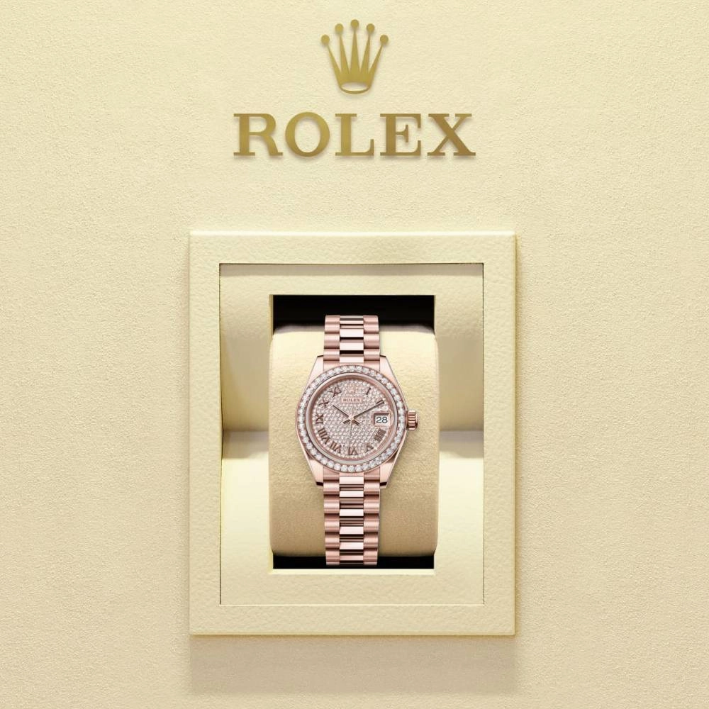 Rolex Lady-Datejust 28mm - Ref: 279135rbr-0021 - Roman Diamond Pave Dial & Diamond Bezel, 18K Rose Gold Presidential Bracelet Women's Watch