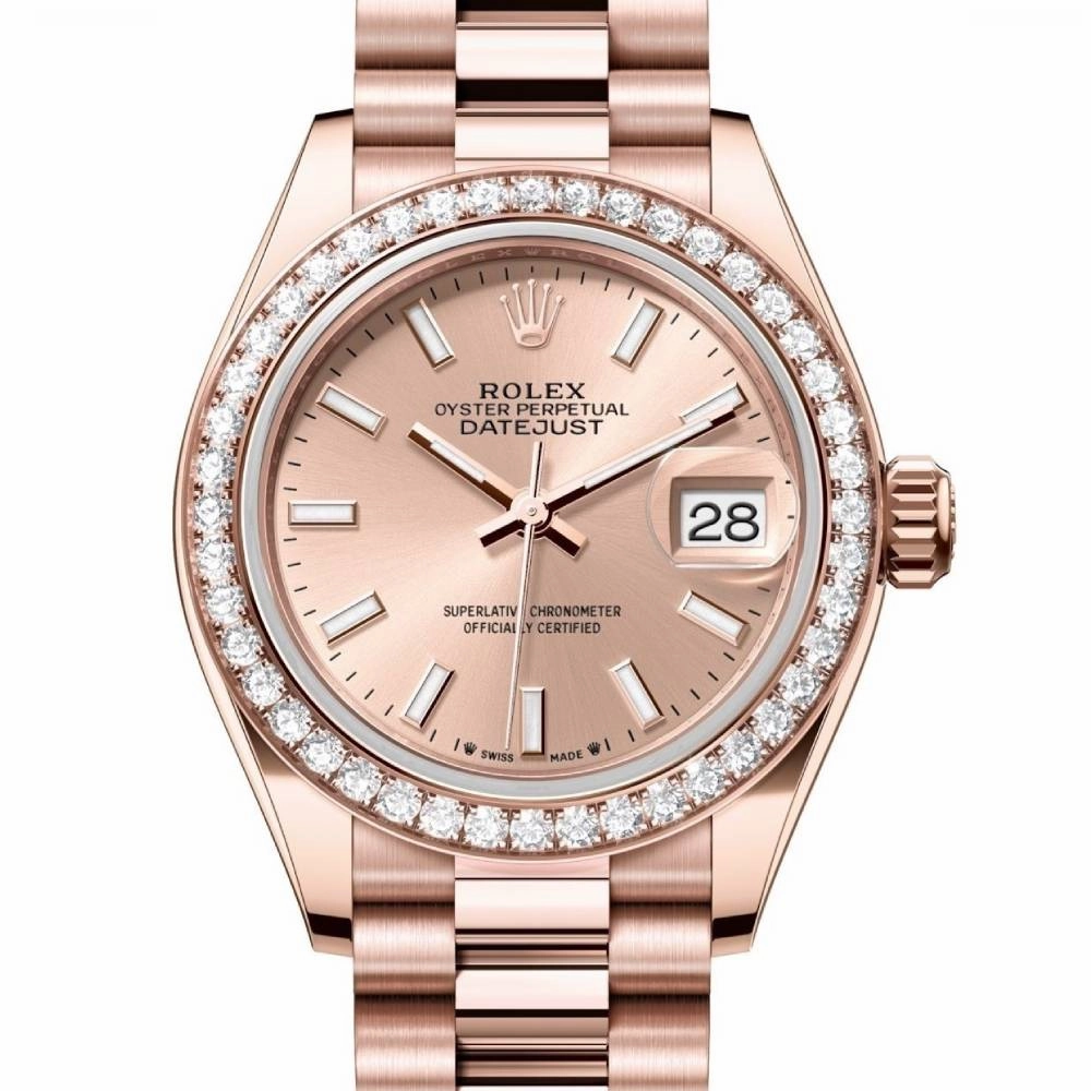 Rolex Lady-Datejust 28mm - Ref: 279135rbr-0025 - Rose Stick Dial & Diamond Bezel, 18K Rose Gold Presidential Bracelet Women's Watch