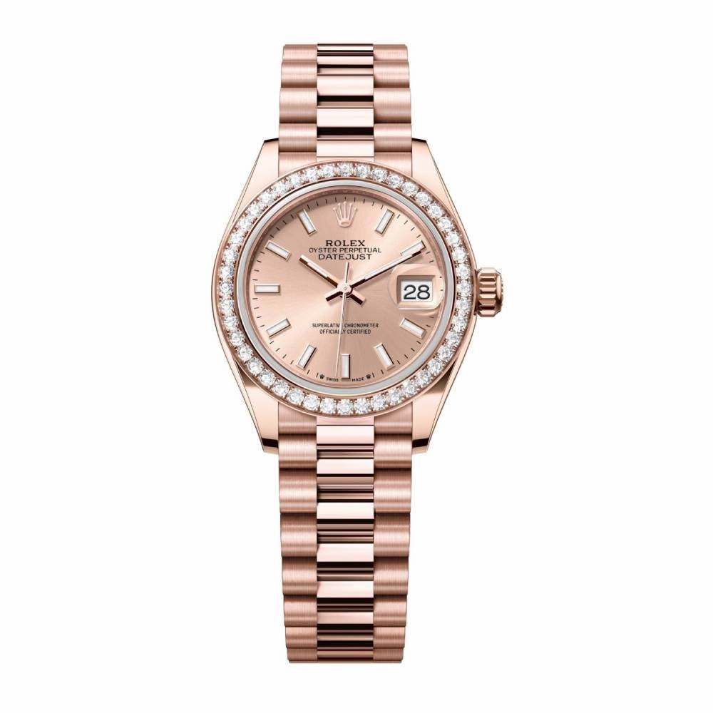 Rolex Lady-Datejust 28mm - Ref: 279135rbr-0025 - Rose Stick Dial & Diamond Bezel, 18K Rose Gold Presidential Bracelet Women's Watch