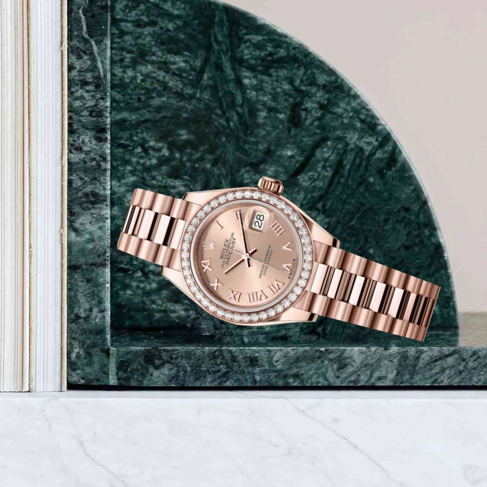 Rolex Lady Datejust 28mm - Ref: 279135rbr-0027 - Rose Dial & Diamond Bezel, 18K Rose Gold President Bracelet Women's Watch