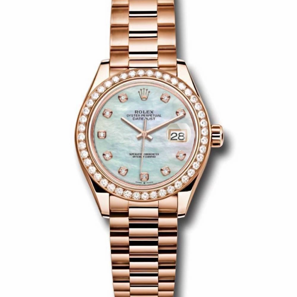Rolex Lady Datejust 28mm - Ref: 279135rbr mdp - White Mother of Pearl Dial & Diamond Bezel, 18K Rose Gold Oyster Bracelet Women's Watch