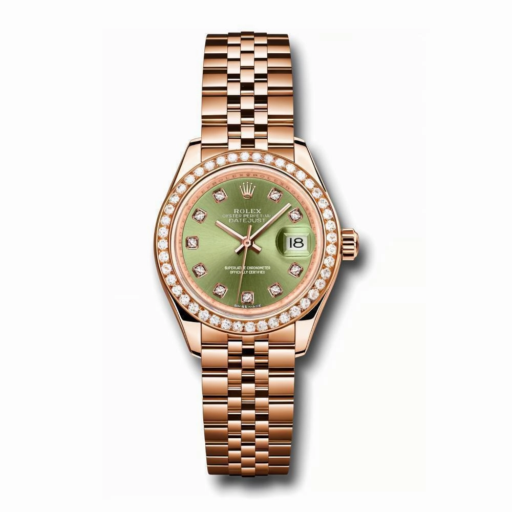 Rolex Lady-Datejust 28mm - Ref: 279135RBR ogdj - Green Diamond Dial & Diamond Bezel, 18K Rose Gold Jubilee Bracelet Women's Watch