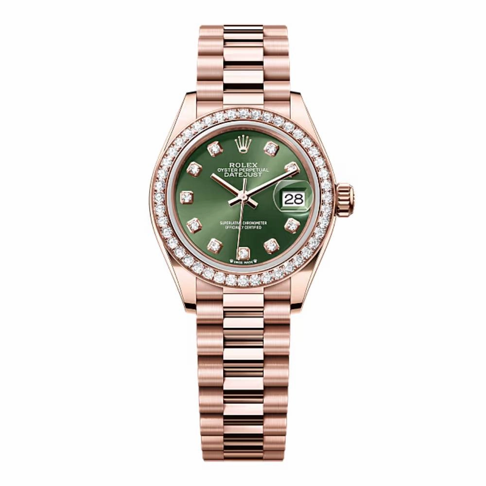 Rolex Lady Datejust 28mm - Ref: 279135rbr ogdp - Green Dial & Diamond Bezel, 18K Rose Gold Oyster Bracelet Women's Watch