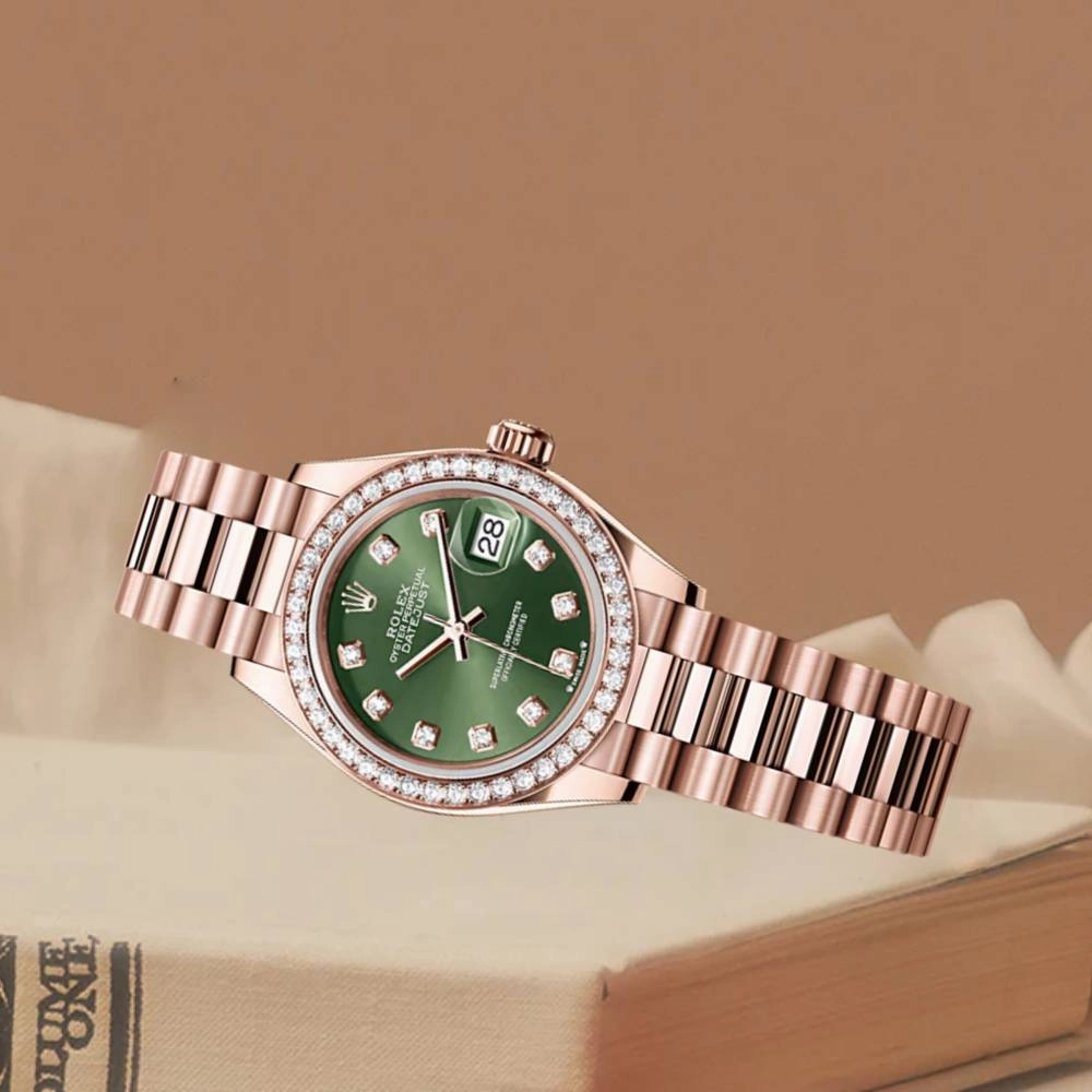 Rolex Lady Datejust 28mm - Ref: 279135rbr ogdp - Green Dial & Diamond Bezel, 18K Rose Gold Oyster Bracelet Women's Watch
