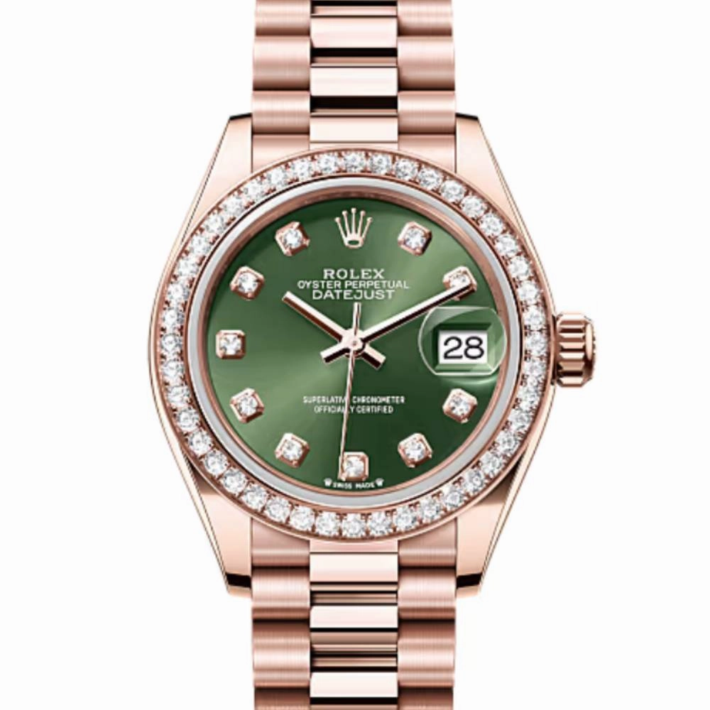 Rolex Lady Datejust 28mm - Ref: 279135rbr ogdp - Green Dial & Diamond Bezel, 18K Rose Gold Oyster Bracelet Women's Watch