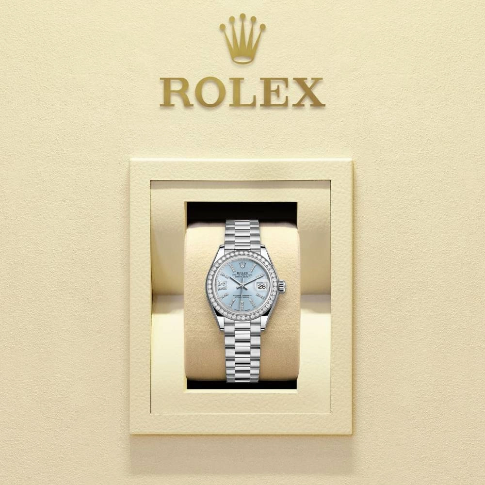 Rolex Lady-Datejust 28mm - Ref: 279136rbr-0001 - Ice Blue Diamond Dial & Diamond Bezel, 18K White Gold Presidential Bracelet Women's Watch