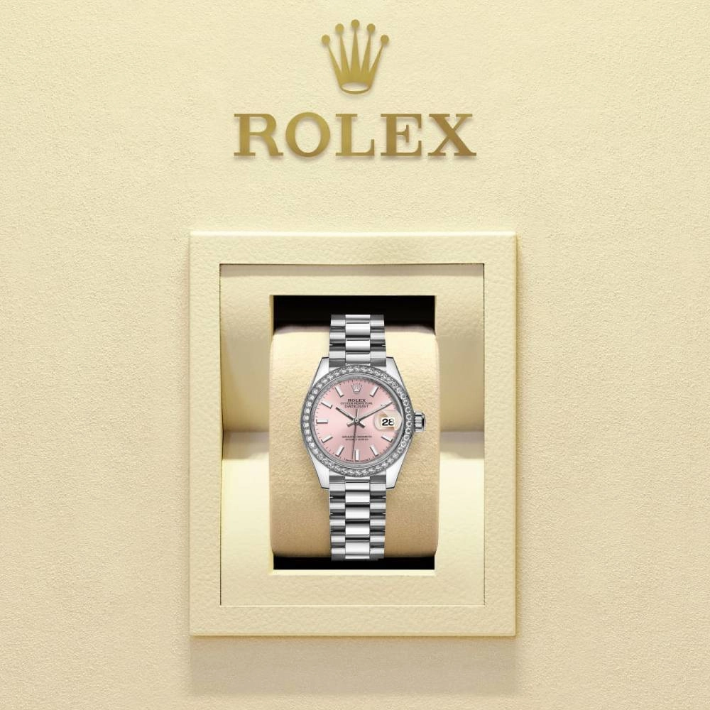 Rolex Lady-Datejust 28mm - Ref: 279136rbr-0004 - Pink Dial & Diamond Bezel, 18K White Gold Presidential Bracelet Women's Watch