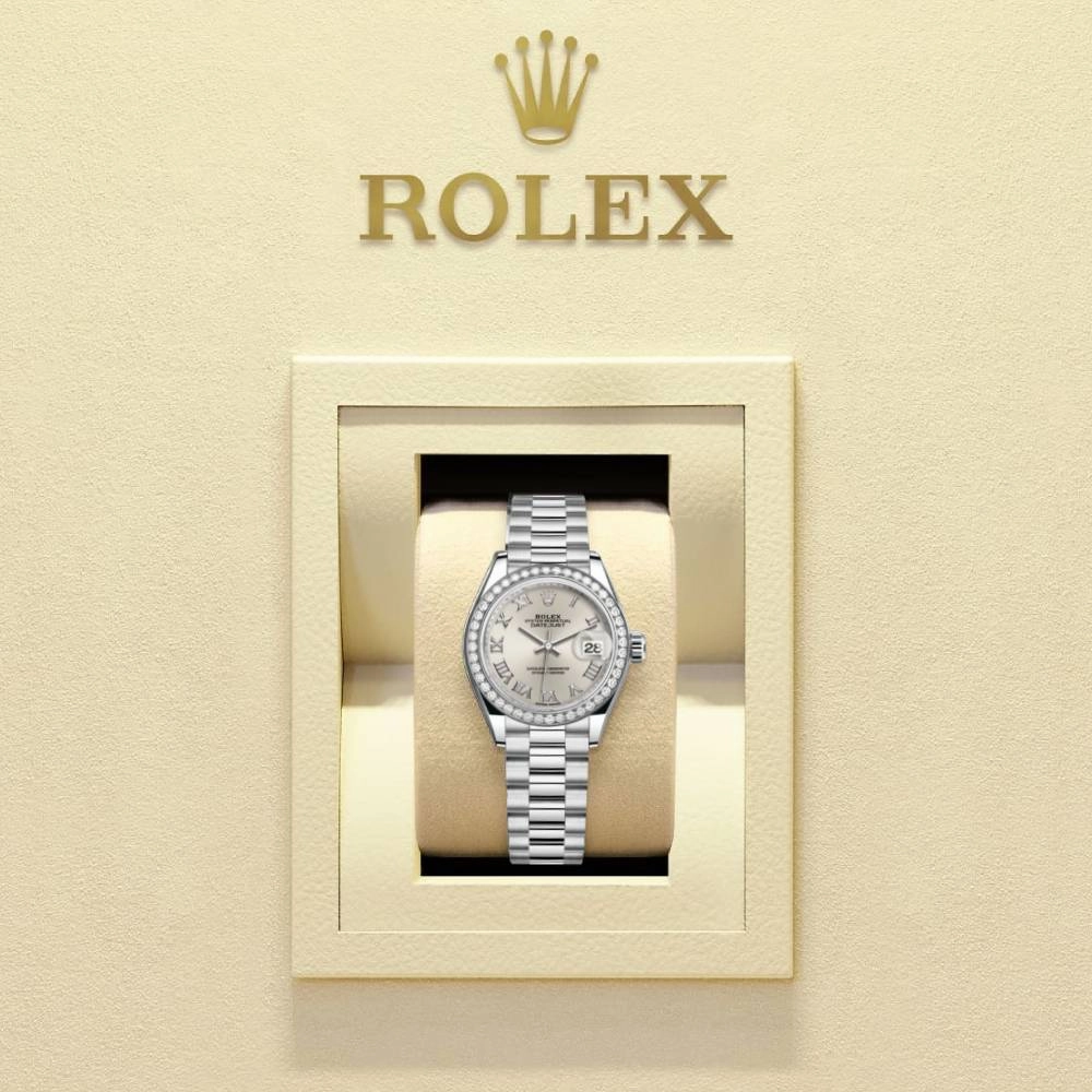 Rolex Lady-Datejust 28mm - Ref: 279136rbr-0007 - Silver Roman Dial & Diamond Bezel, 18K White Gold Presidential Bracelet Women's Watch