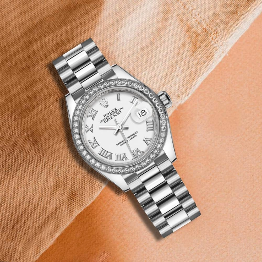 Rolex Lady-Datejust 28mm - Ref: 279136rbr-0013 - White Diamond Dial & Diamond Bezel, 18K White Gold Presidential Bracelet Women's Watch